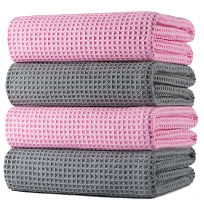 POLYTE 430 GSM Microfiber Oversize Quick Dry Lint Free Bath Towel, 60 x 30 in, 4 Pack (Waffle Weave)