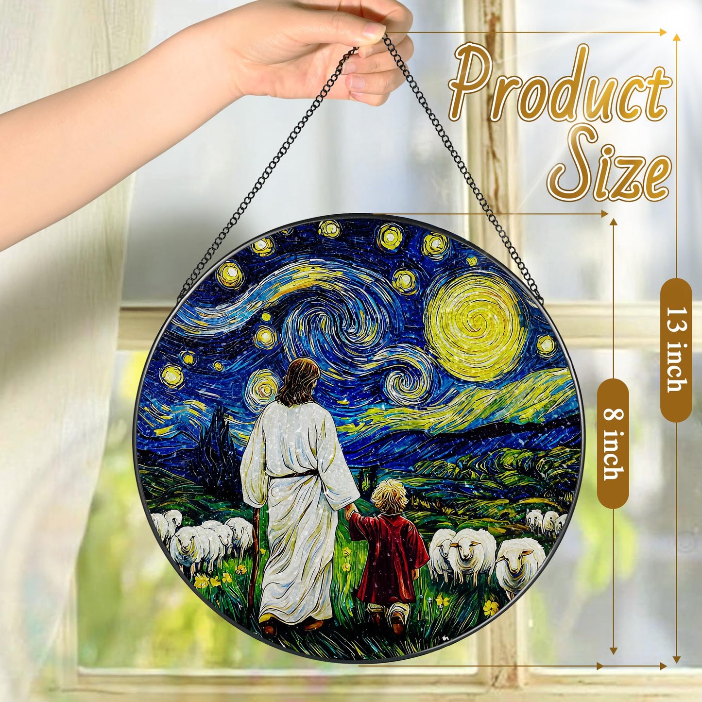8-Inch Jesus with Cardinals Suncatcher Ornament, Stained Glass Window Hanging & Religious Christmas Ornament, Christian Window Decor — Memorial Gift, Christian Gifts for Her, Religious Gifts