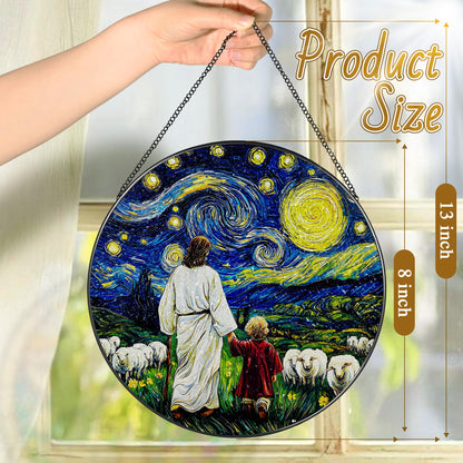 8-Inch Jesus with Cardinals Suncatcher Ornament, Stained Glass Window Hanging & Religious Christmas Ornament, Christian Window Decor — Memorial Gift, Christian Gifts for Her, Religious Gifts