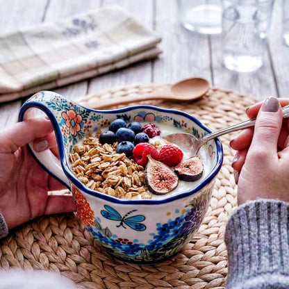 ALMA Handpainted Microwavable Soup Bowl with Loop Handle 18.6oz, Cereal Bowl With Handle Great for Berry, Fruits, Chili, Stew, Ice cream,Floral Soup Mug for Women
