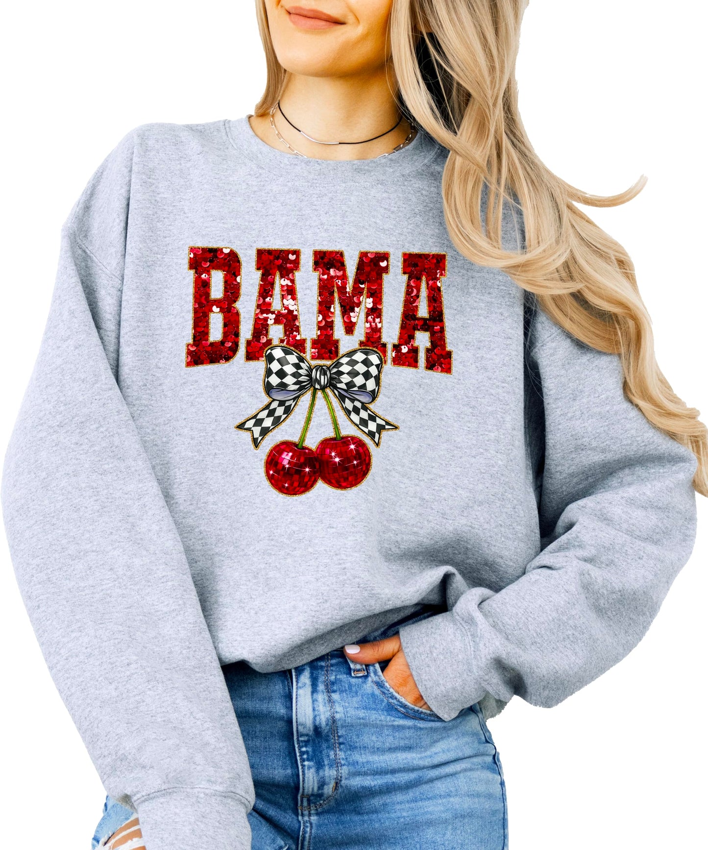 Olive Loves Apple Bama Red Ink-Printed Sequins Sweatshirt for Women & Teens Alabama Fall Sports Sweater