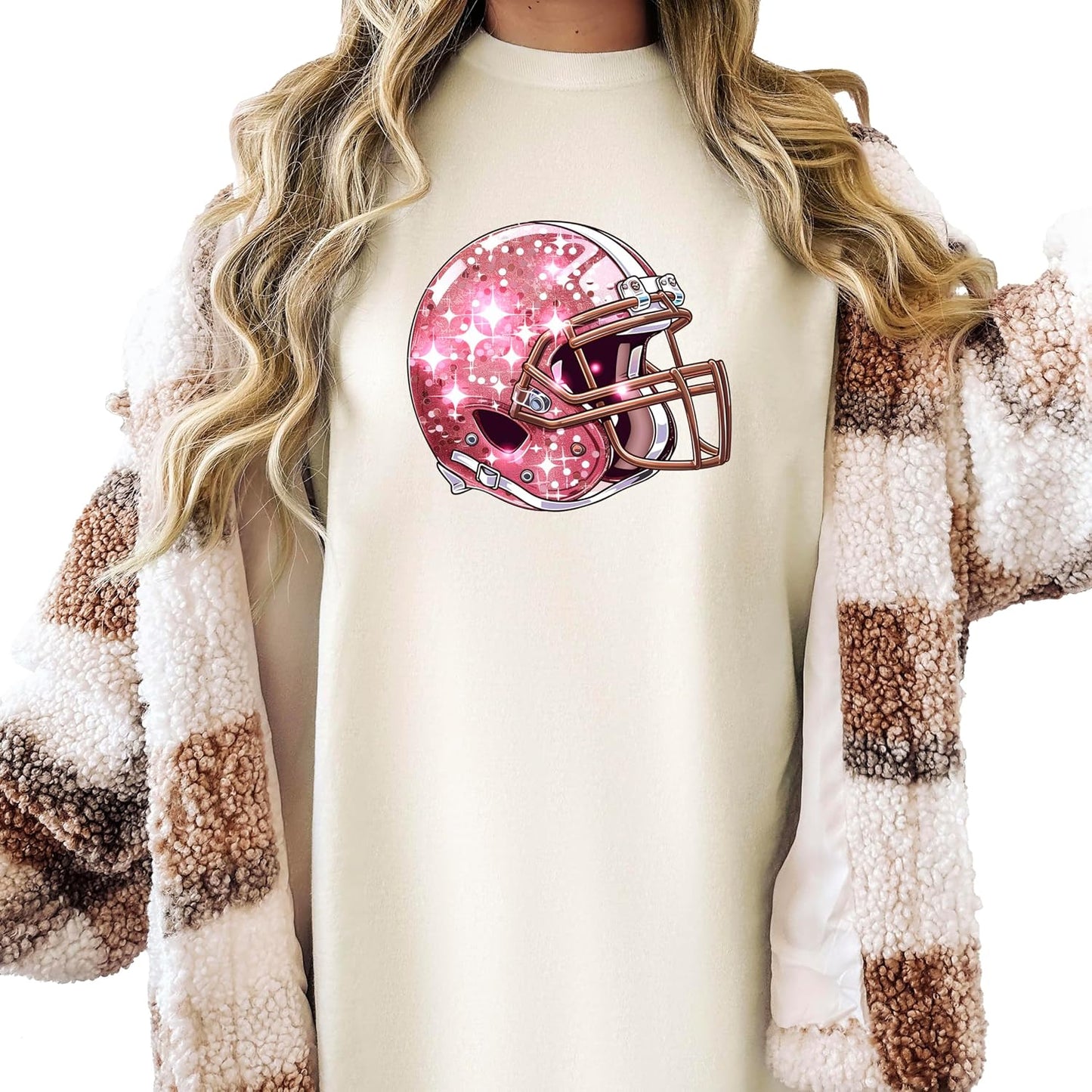 Pink Football Helmet Faux Glitter Shirt for Women and Teens Girly Football Fan Oversized Tee