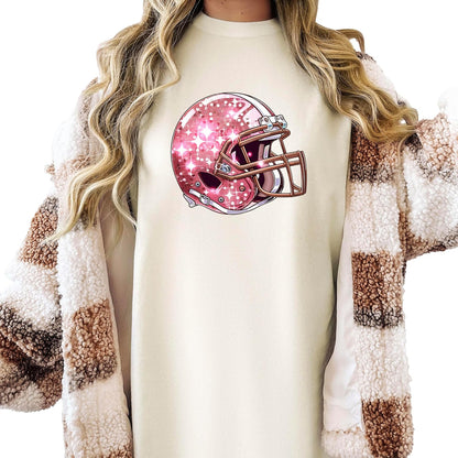 Pink Football Helmet Faux Glitter Shirt for Women and Teens Girly Football Fan Oversized Tee