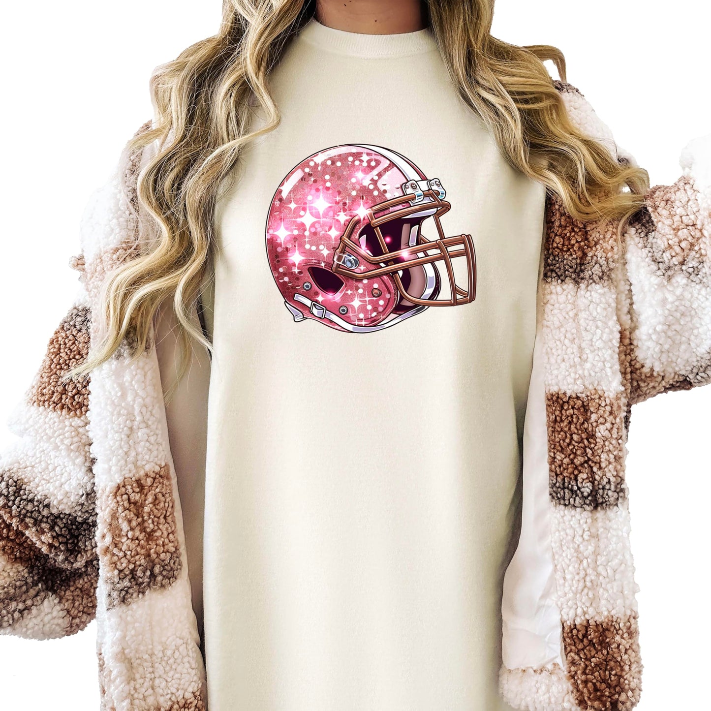Pink Football Helmet Faux Glitter Shirt for Women and Teens Girly Football Fan Oversized Tee
