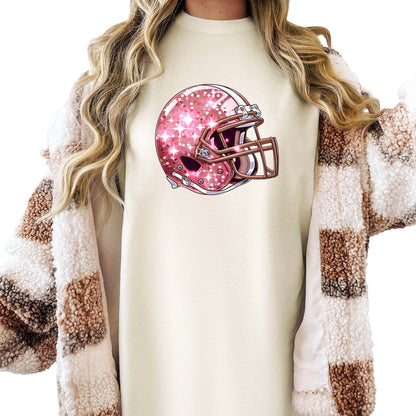 Pink Football Helmet Faux Glitter Shirt for Women and Teens Girly Football Fan Oversized Tee