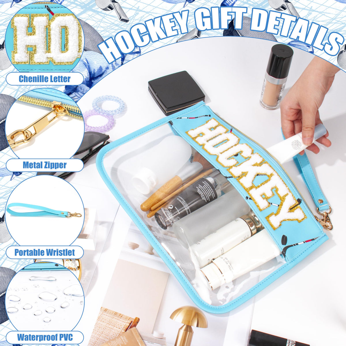 BuyCard Soccer Gift Makeup Bag with Chenille Letter Patch, Clear Cosmetic Pouch PVC Organizer Purse, Waterproof Travel Bag, Portable Toiletry Storage Bag for Her Friends