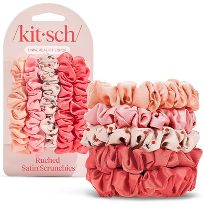 Kitsch Ultra-Petite Satin Scrunchies for Women - Cherry Blossom, 5pcs