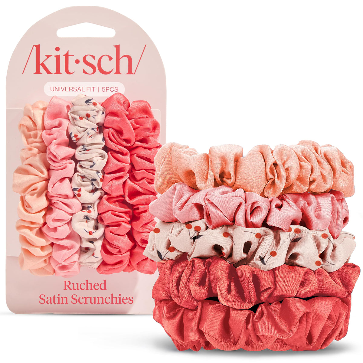 Kitsch Ultra-Petite Satin Scrunchies for Women - Cherry Blossom, 5pcs