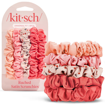 Kitsch Ultra-Petite Satin Scrunchies for Women - Cherry Blossom, 5pcs