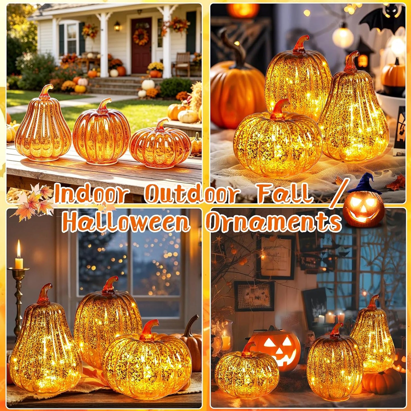 Mercury Glass Pumpkin Lights with Timer, Fall Pumpkins Lamps Tabletop Centerpiece Decorations Autumn Thanksgiving Home Halloween Decor, 3PCS