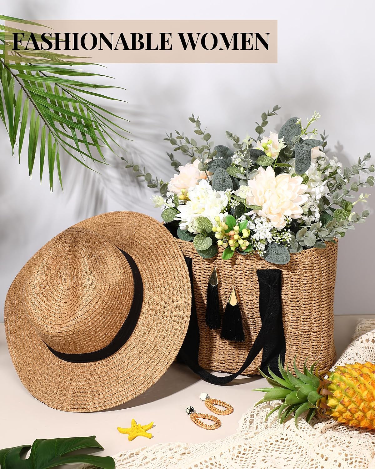 Glitopper 4 Pcs Straw Bag Woven Bag and Rattan Wicker Hat Tassel Earrings Set