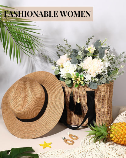 Glitopper 4 Pcs Straw Bag Woven Bag and Rattan Wicker Hat Tassel Earrings Set