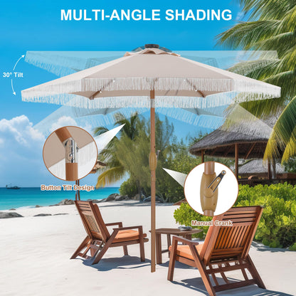 GDY 7.5ft Tassel Patio Umbrella and Matching Base, Outdoor Table Umbrella with 18 LED Lights,Market Umbrella with 6 Sturdy Ribs, with Push Button Tilt and Crank, Bright White