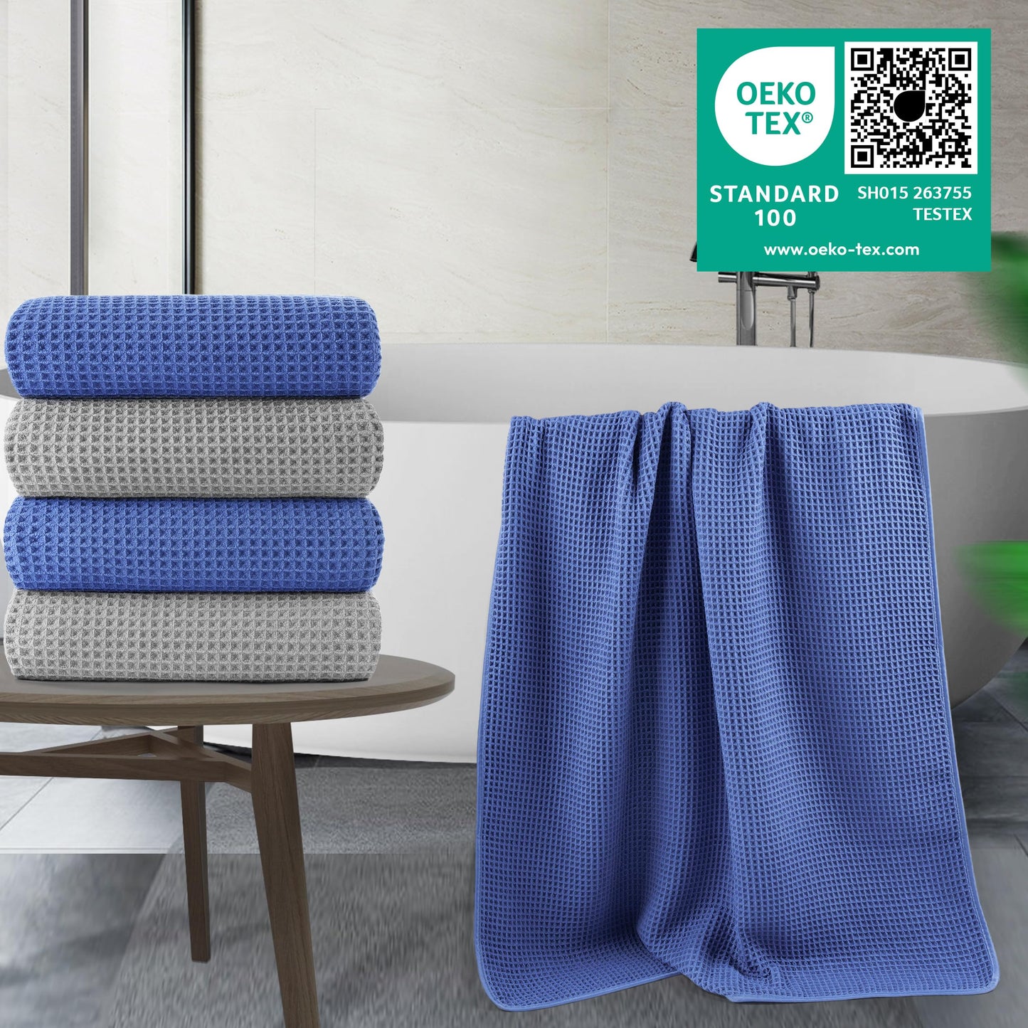 POLYTE 430 GSM Microfiber Oversize Quick Dry Lint Free Bath Towel, 60 x 30 in, 4 Pack (Waffle Weave)