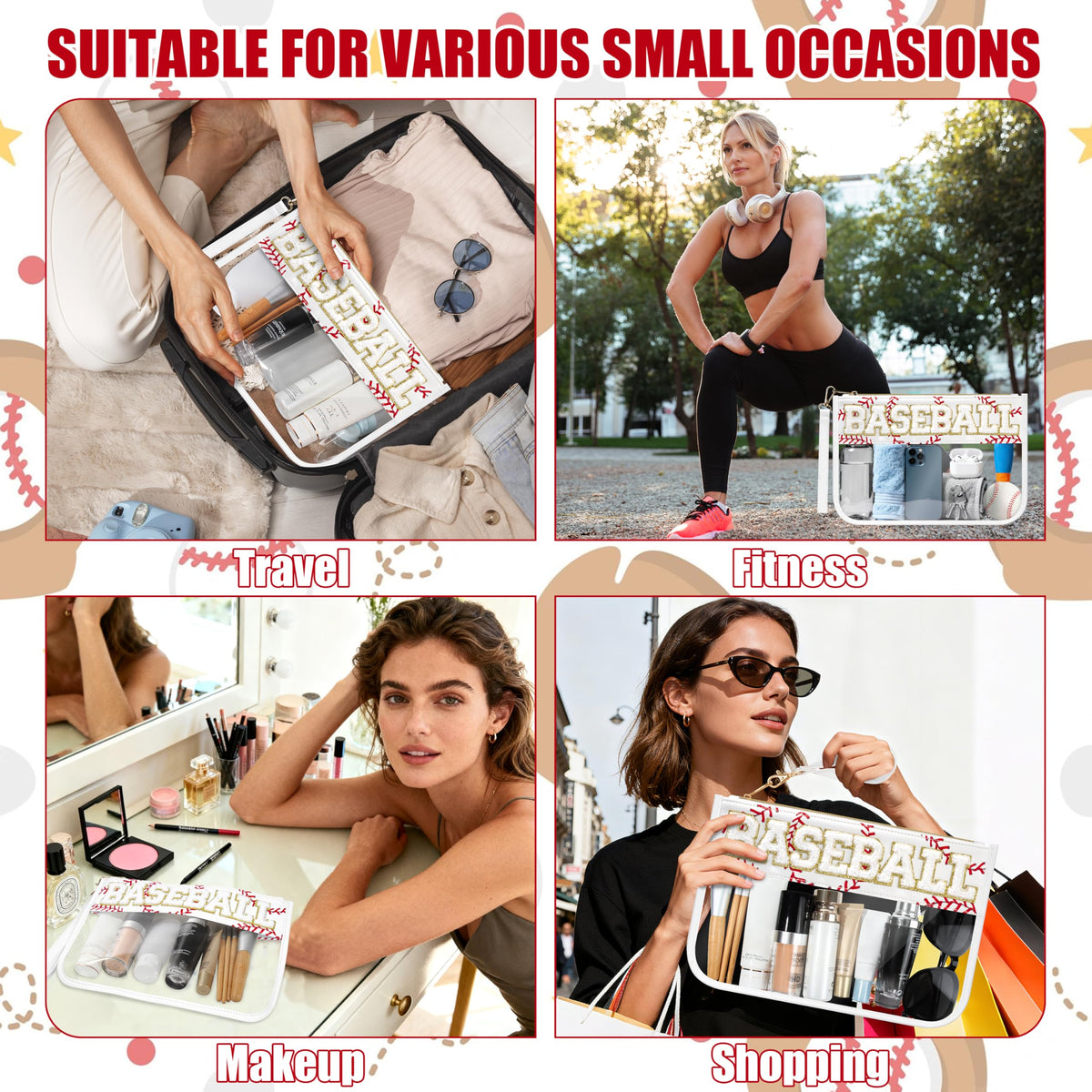 BuyCard Soccer Gift Makeup Bag with Chenille Letter Patch, Clear Cosmetic Pouch PVC Organizer Purse, Waterproof Travel Bag, Portable Toiletry Storage Bag for Her Friends