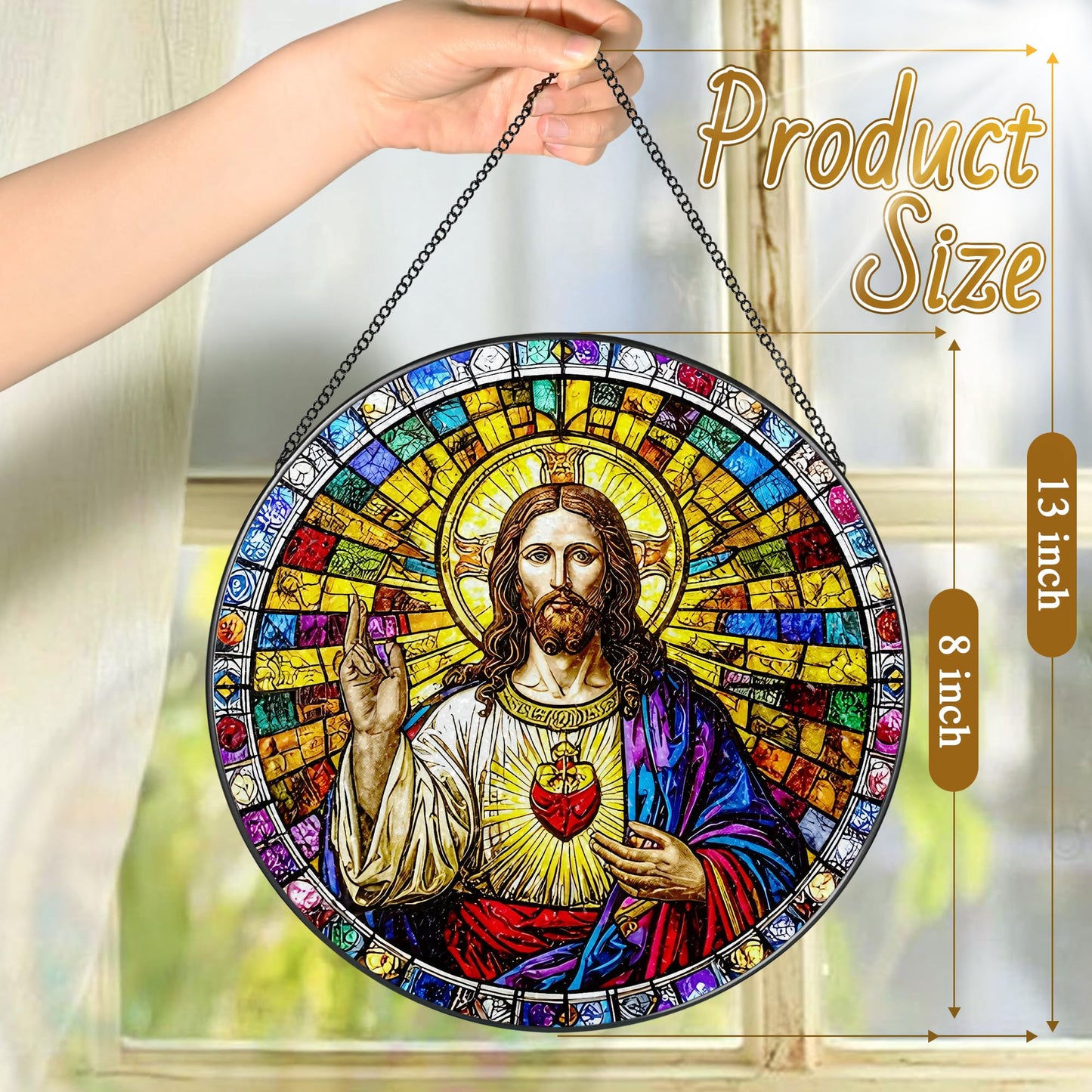 8-Inch Jesus with Cardinals Suncatcher Ornament, Stained Glass Window Hanging & Religious Christmas Ornament, Christian Window Decor — Memorial Gift, Christian Gifts for Her, Religious Gifts