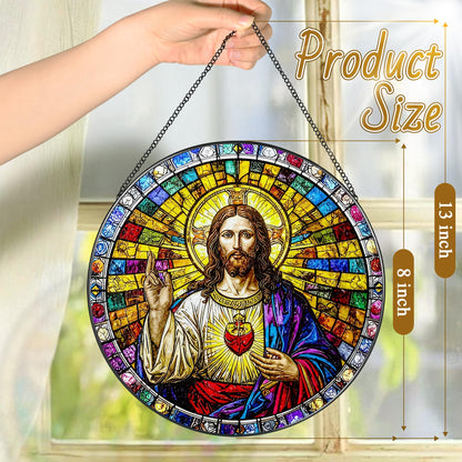 8-Inch Jesus with Cardinals Suncatcher Ornament, Stained Glass Window Hanging & Religious Christmas Ornament, Christian Window Decor — Memorial Gift, Christian Gifts for Her, Religious Gifts
