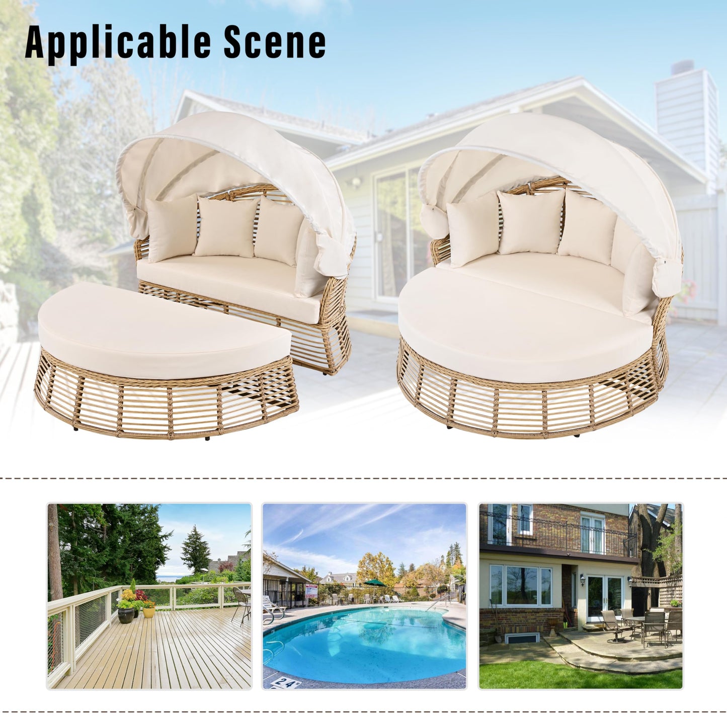 LUMISOL Outdoor Sunbed with Retractable Canopy, Outdoor PE Wicker Round Sectional Sofa with Separated Cushion Seats, Pillows and Removable Cushions for Patio, Backyard, Beige