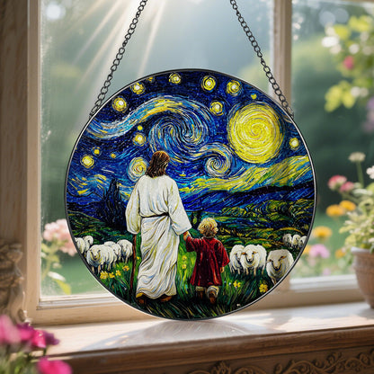 8-Inch Jesus with Cardinals Suncatcher Ornament, Stained Glass Window Hanging & Religious Christmas Ornament, Christian Window Decor — Memorial Gift, Christian Gifts for Her, Religious Gifts