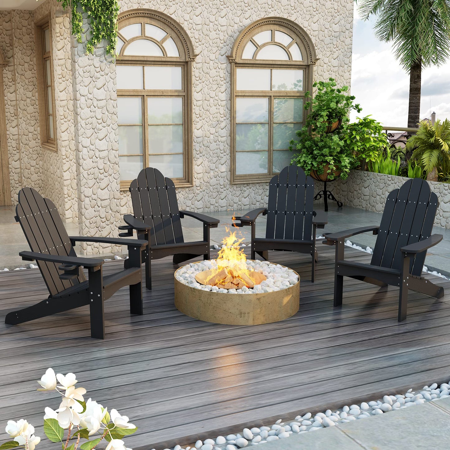 LUE BONA HDPS Adirondack Chairs Set, Fire Pit Outdoor Chair Weather Resistant with Cup Holder, Modern Plastic Chair Plastic for Patio, Deck, Proch, 350LBS, 4 Set, Dark Brown