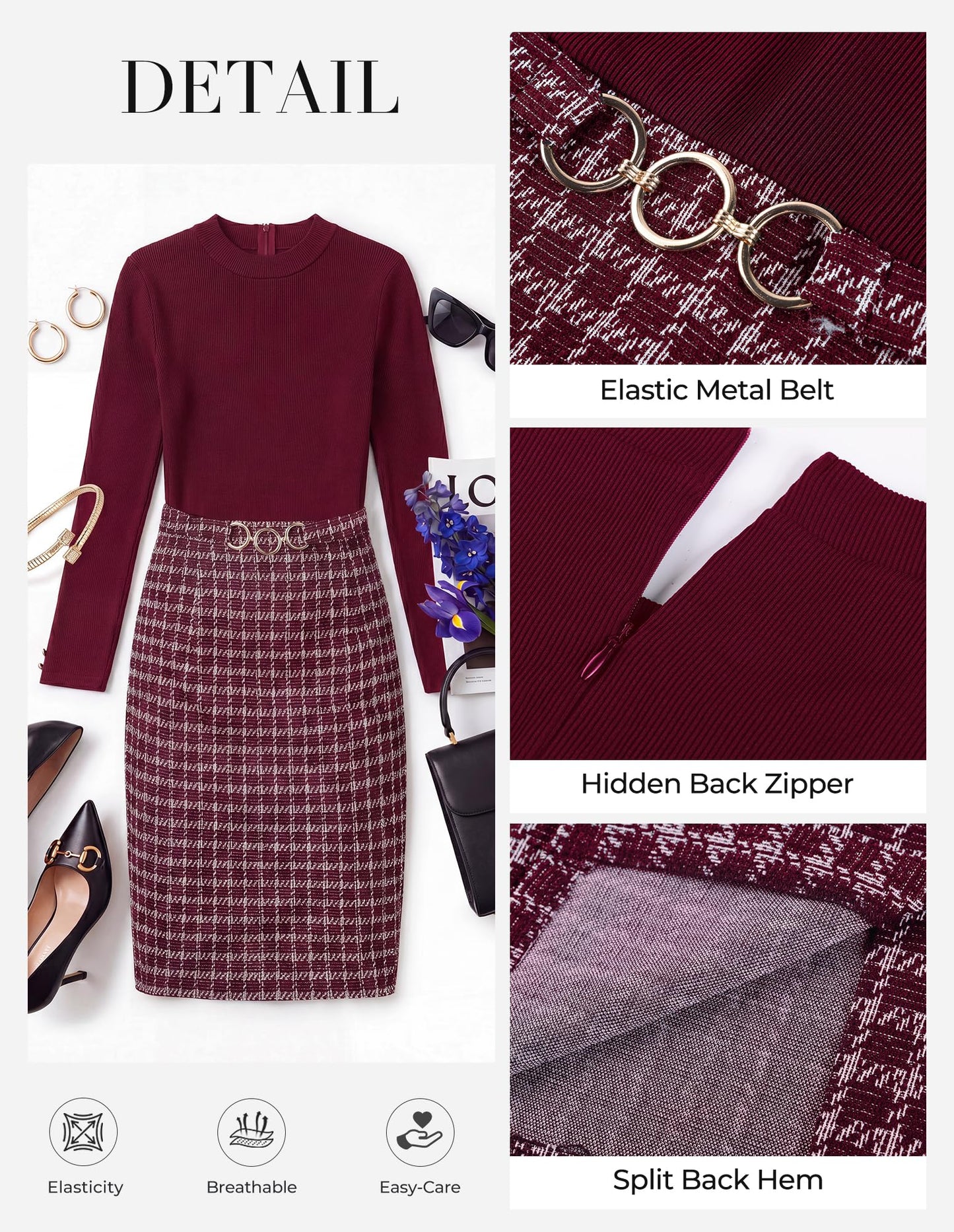 GRACE KARIN Women Long Sleeve Work Business Pencil Tweed Dress
