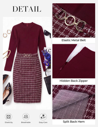 GRACE KARIN Women Long Sleeve Work Business Pencil Tweed Dress