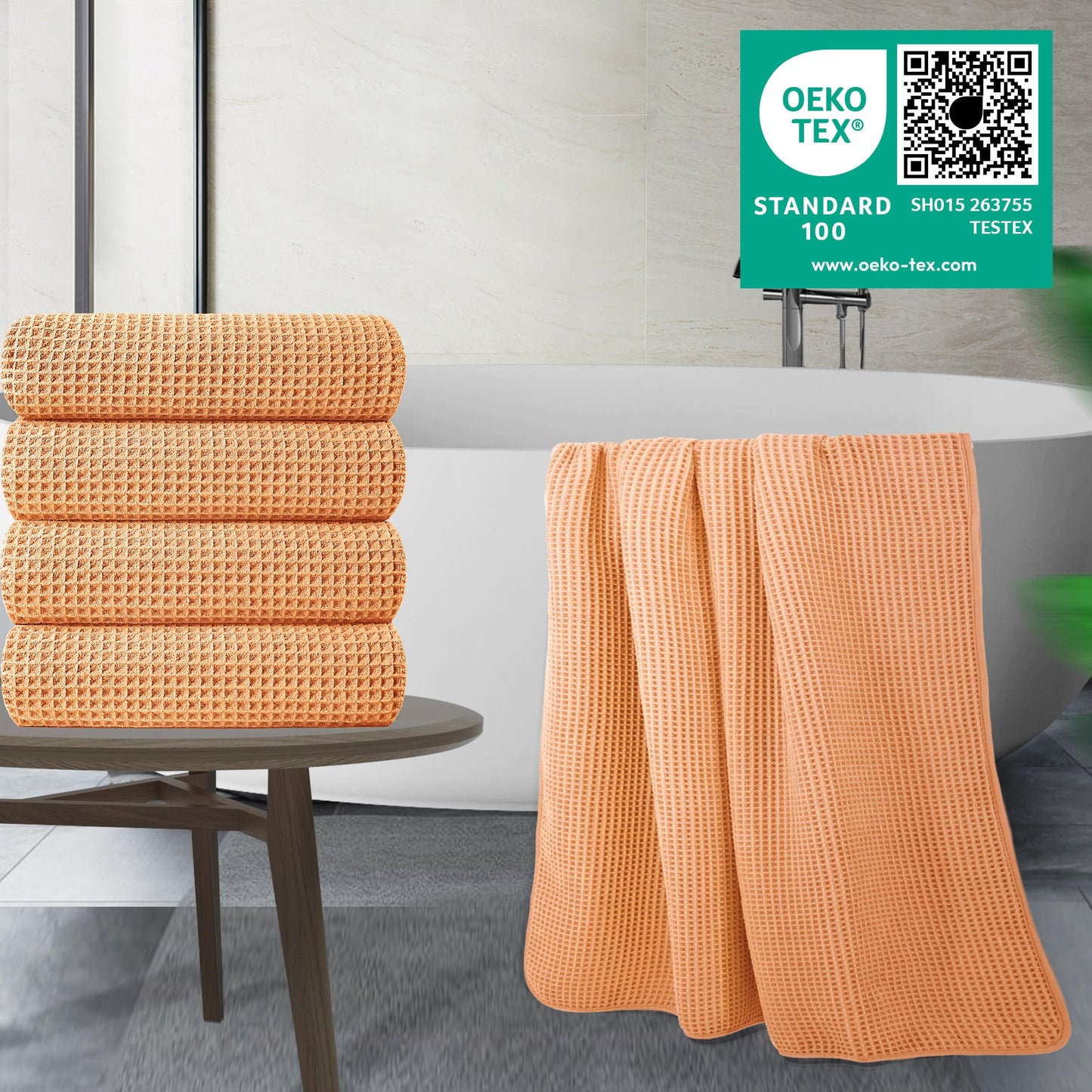 POLYTE 430 GSM Microfiber Oversize Quick Dry Lint Free Bath Towel, 60 x 30 in, 4 Pack (Waffle Weave)