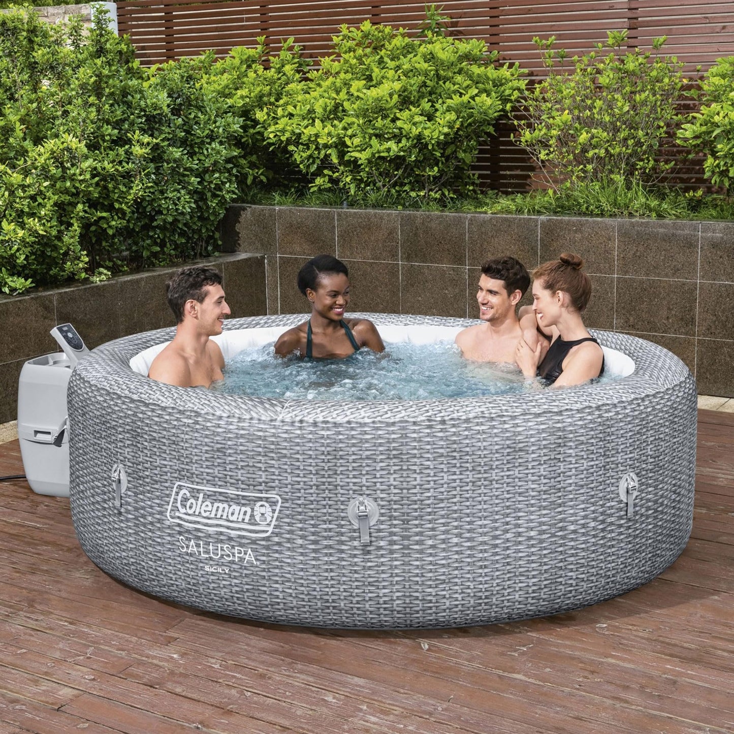 Coleman Sicily 5 to 7 Person Inflatable Hot Tub, Round Portable Outdoor Spa with 180 AirJets and EnergySense Cover, Grey, 85" x 28"