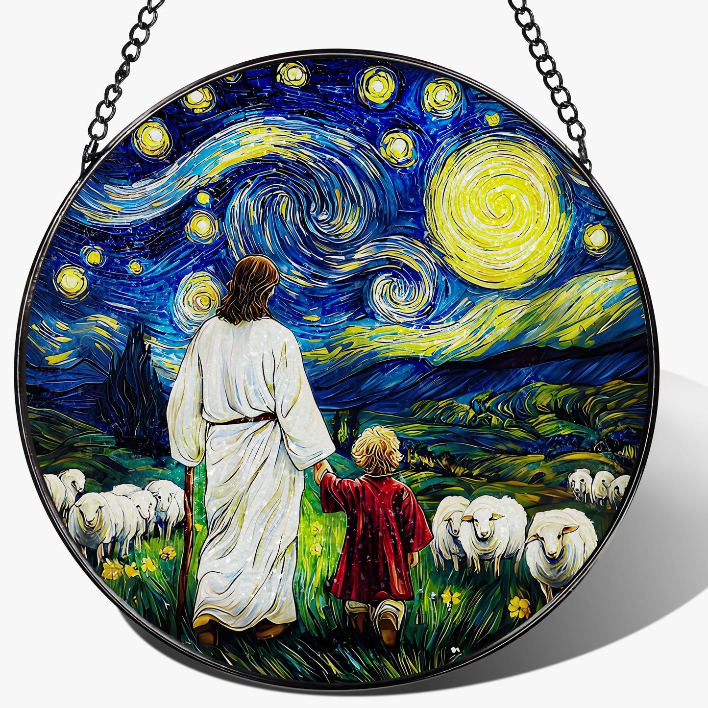 8-Inch Jesus with Cardinals Suncatcher Ornament, Stained Glass Window Hanging & Religious Christmas Ornament, Christian Window Decor — Memorial Gift, Christian Gifts for Her, Religious Gifts