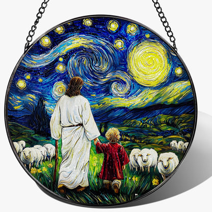 8-Inch Jesus with Cardinals Suncatcher Ornament, Stained Glass Window Hanging & Religious Christmas Ornament, Christian Window Decor — Memorial Gift, Christian Gifts for Her, Religious Gifts