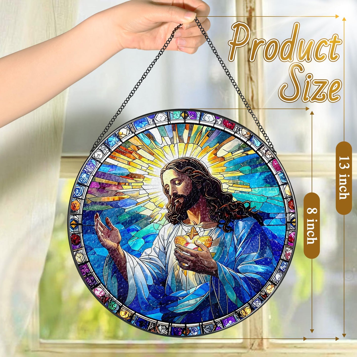 8-Inch Jesus with Cardinals Suncatcher Ornament, Stained Glass Window Hanging & Religious Christmas Ornament, Christian Window Decor — Memorial Gift, Christian Gifts for Her, Religious Gifts