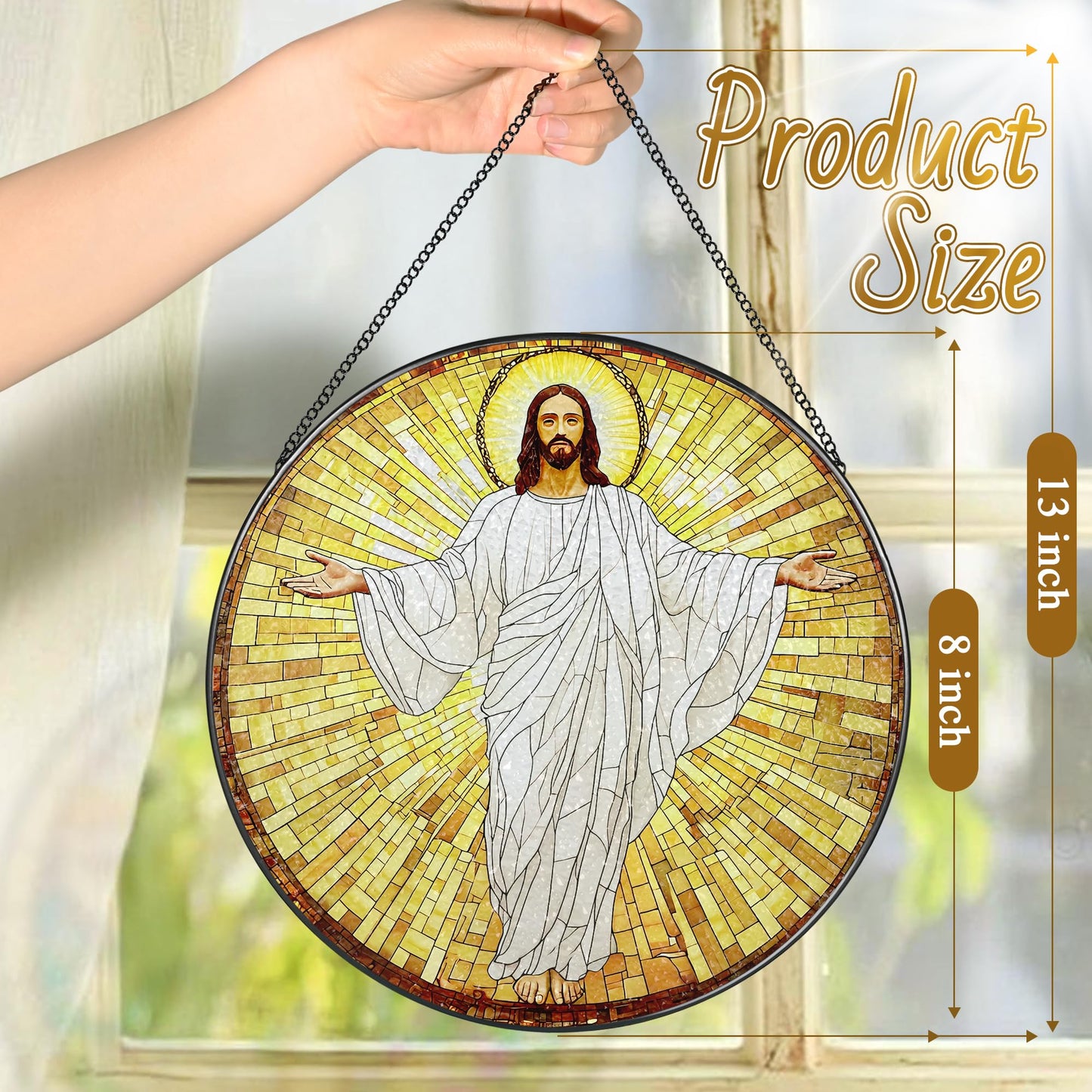 8-Inch Jesus with Cardinals Suncatcher Ornament, Stained Glass Window Hanging & Religious Christmas Ornament, Christian Window Decor — Memorial Gift, Christian Gifts for Her, Religious Gifts