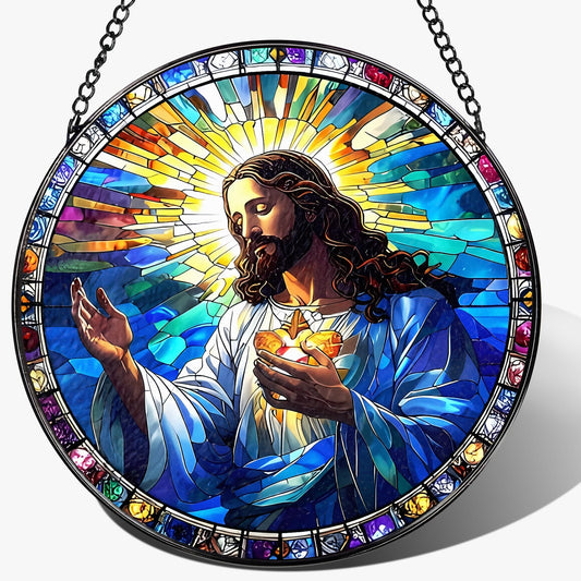 8-Inch Jesus with Cardinals Suncatcher Ornament, Stained Glass Window Hanging & Religious Christmas Ornament, Christian Window Decor — Memorial Gift, Christian Gifts for Her, Religious Gifts