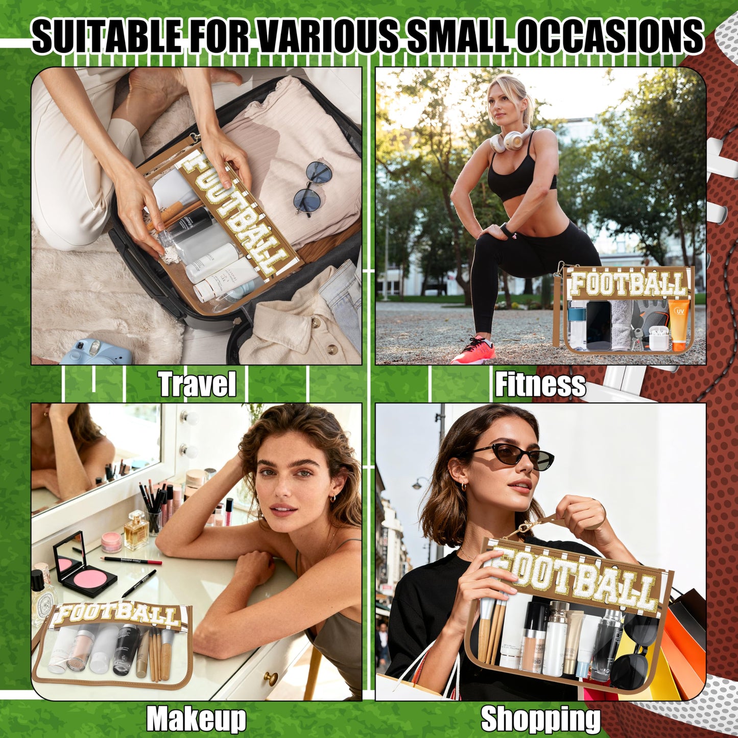 BuyCard Soccer Gift Makeup Bag with Chenille Letter Patch, Clear Cosmetic Pouch PVC Organizer Purse, Waterproof Travel Bag, Portable Toiletry Storage Bag for Her Friends