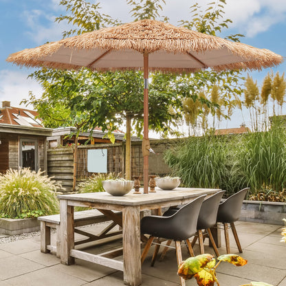GDY 7.5ft Tassel Patio Umbrella and Matching Base, Outdoor Table Umbrella with 18 LED Lights,Market Umbrella with 6 Sturdy Ribs, with Push Button Tilt and Crank, Bright White
