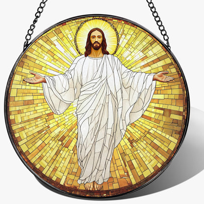 8-Inch Jesus with Cardinals Suncatcher Ornament, Stained Glass Window Hanging & Religious Christmas Ornament, Christian Window Decor — Memorial Gift, Christian Gifts for Her, Religious Gifts