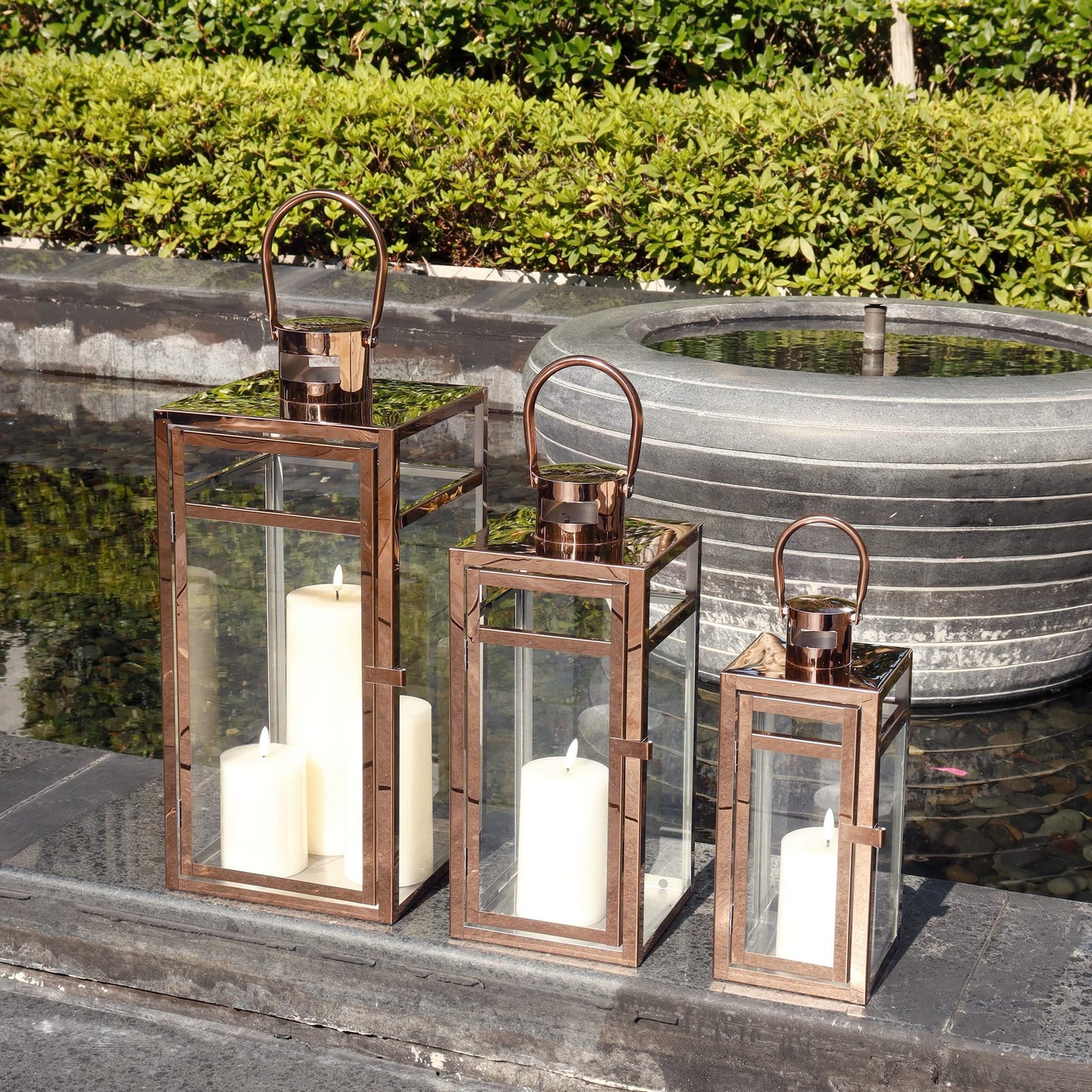 TRIROCKS Set of 3 Stainless Steel Candle Lantern 19/15/12'' High Metal Candle Holder with Tempered Glass Panels Perfect for Home Decor Living Room Parties Events Tabletop Indoors Outdoors (Rose Gold)
