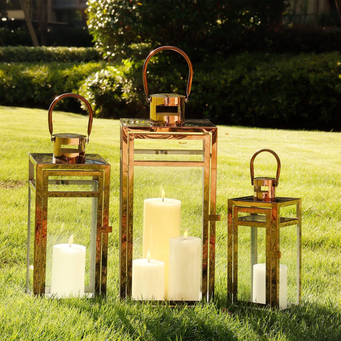TRIROCKS Set of 3 Stainless Steel Candle Lantern 19/15/12'' High Metal Candle Holder with Tempered Glass Panels Perfect for Home Decor Living Room Parties Events Tabletop Indoors Outdoors (Rose Gold)