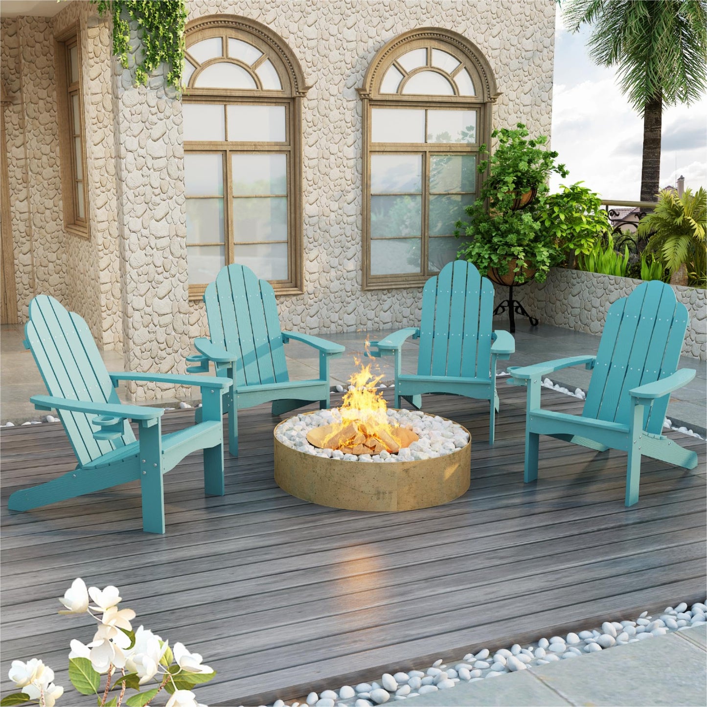 LUE BONA HDPS Adirondack Chairs Set, Fire Pit Outdoor Chair Weather Resistant with Cup Holder, Modern Plastic Chair Plastic for Patio, Deck, Proch, 350LBS, 4 Set, Dark Brown