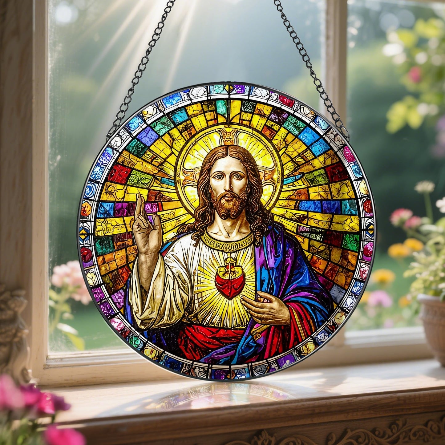 8-Inch Jesus with Cardinals Suncatcher Ornament, Stained Glass Window Hanging & Religious Christmas Ornament, Christian Window Decor — Memorial Gift, Christian Gifts for Her, Religious Gifts