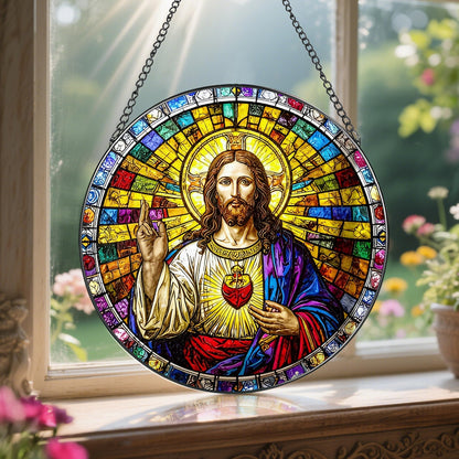 8-Inch Jesus with Cardinals Suncatcher Ornament, Stained Glass Window Hanging & Religious Christmas Ornament, Christian Window Decor — Memorial Gift, Christian Gifts for Her, Religious Gifts