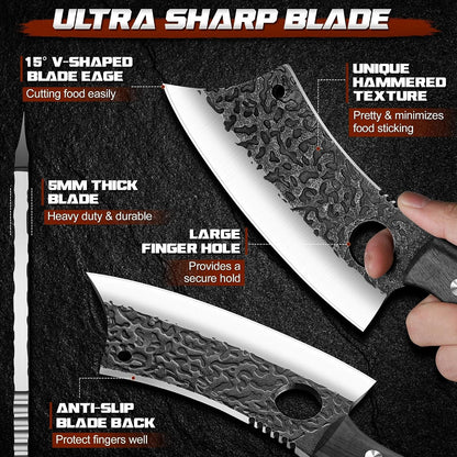 ROCOCO Viking Cleaver Knife Birthday - Kitchen Axe & Sheath Father Gift Men | Hand Forged High Carbon Steel Butcher Meat Cutting Boning Knife for Home Outdoor BBQ Camping Chirstmas Mother