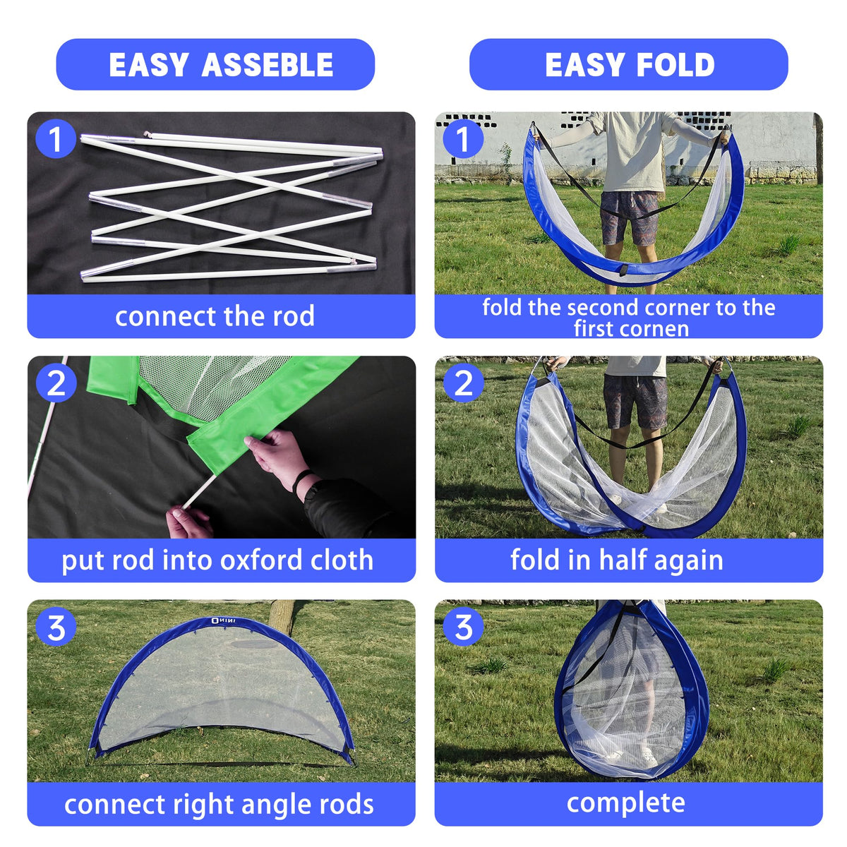 Onini Upgrade 6 Foot Pop Up Soccer Goals Blue - Portable Foldable Training Football Net with Target and Bag - Ideal for Toddler, Boys, Youth Outdoor Sports Games(2 Pack)