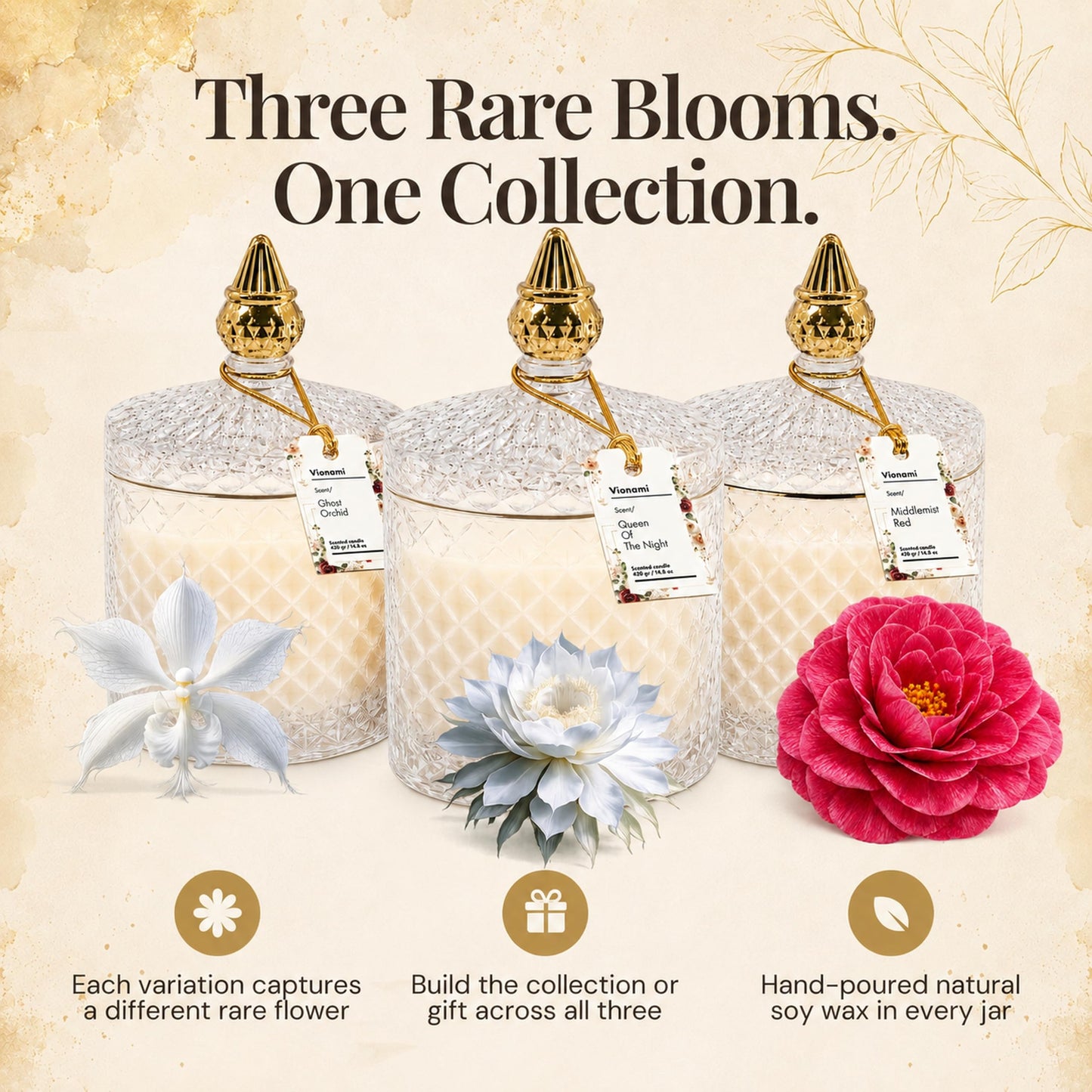 VIONAMI Ghost Orchid Rare Flower Fragrance Luxury Scented Candle Gift | Decorative Soy Candles Birthday Gifts for Women, Elegant Glass Jar, 14.8oz, 80Hr Long Lasting Burn, Luxury Candles for Women