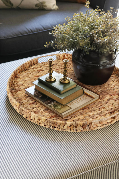 Gurfuy Extra Large Round Ottoman Table Tray with Handles - 19.7" Handmade Wicker Serving Hand Woven Tray for Farmhouse Decorative Oversized Coffee Table Trays Living Room Kitchen Counter Breakfast