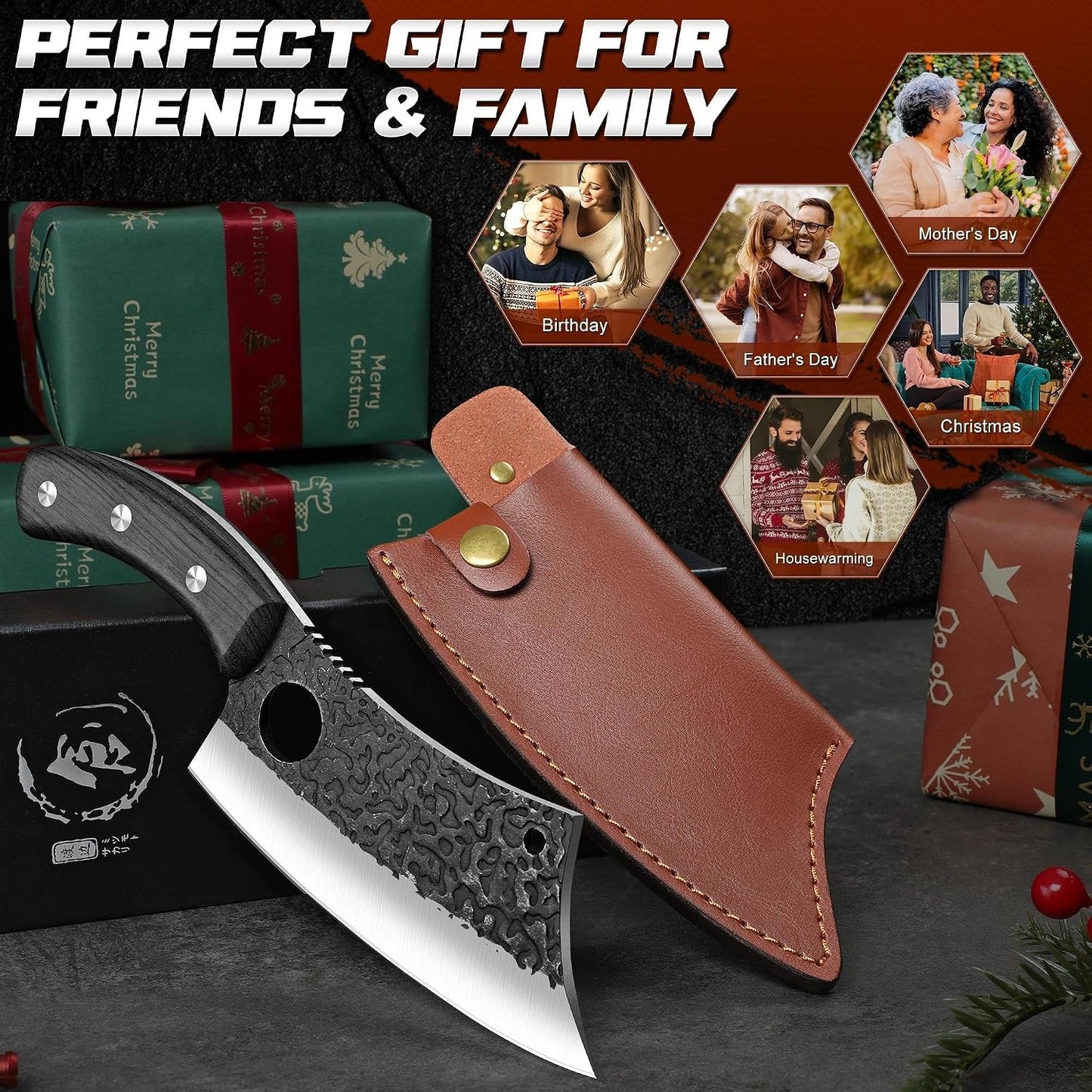 ROCOCO Viking Cleaver Knife Birthday - Kitchen Axe & Sheath Father Gift Men | Hand Forged High Carbon Steel Butcher Meat Cutting Boning Knife for Home Outdoor BBQ Camping Chirstmas Mother