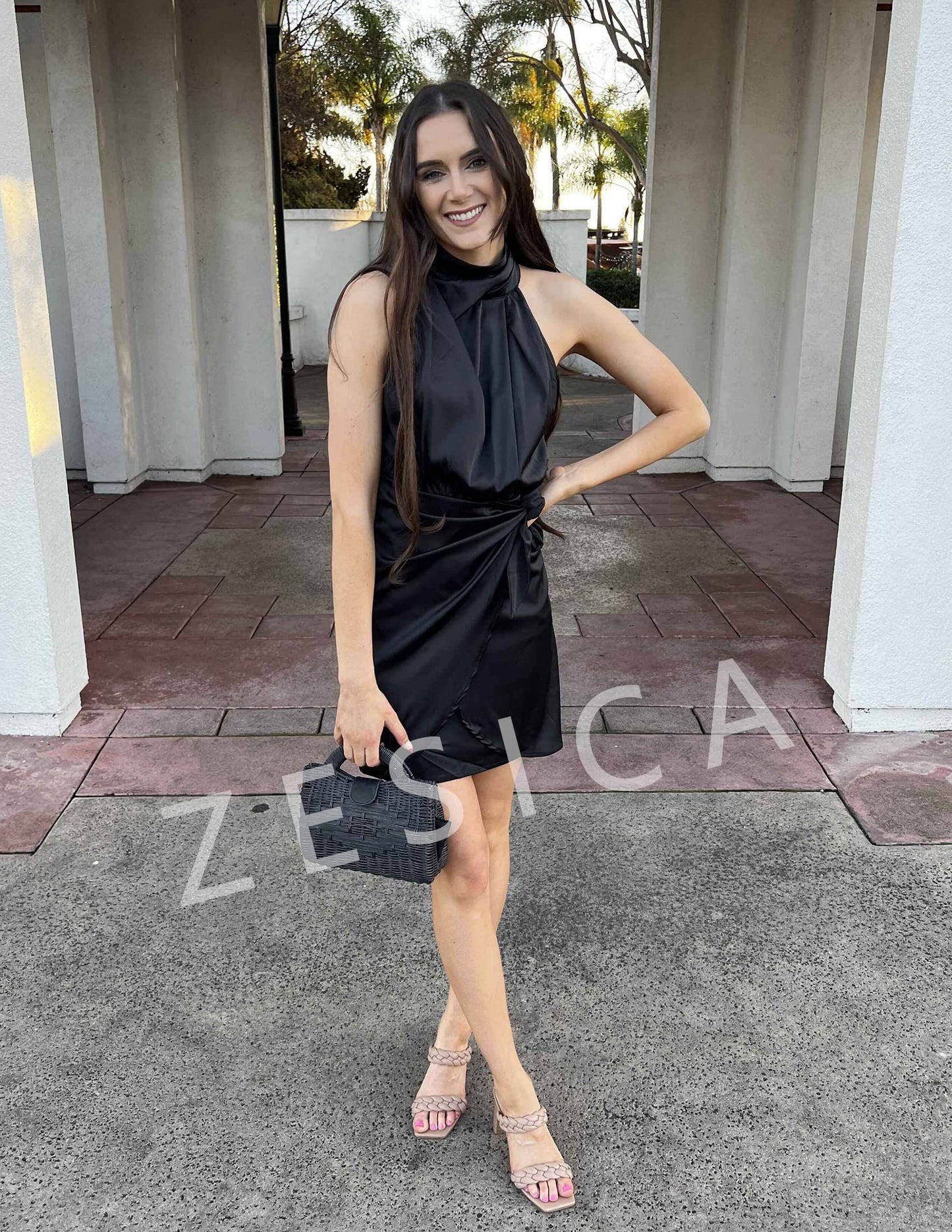 ZESICA Women's Satin Sleeveless Halter Tie Waist Wrap Bodycon Mini Dress | 2026 Summer Fashion Short Dresses, Silky High Waist Dress, Above Knee Length, Sexy Cocktail Party Club Outfits