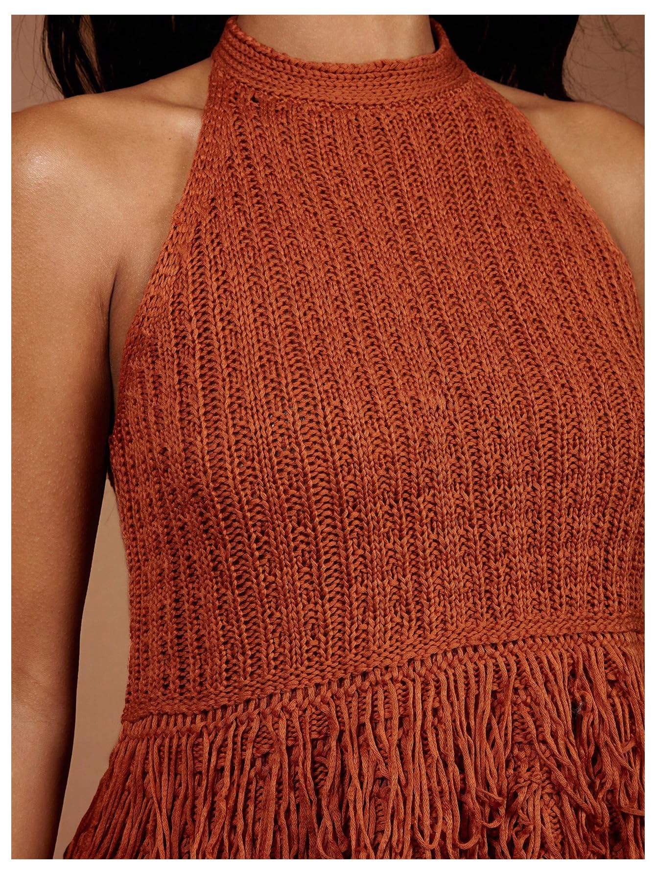 SweatyRocks Women's Boho Fringe Halter Tops Sleeveless Open Back Summer Knit Crochet Tank Top