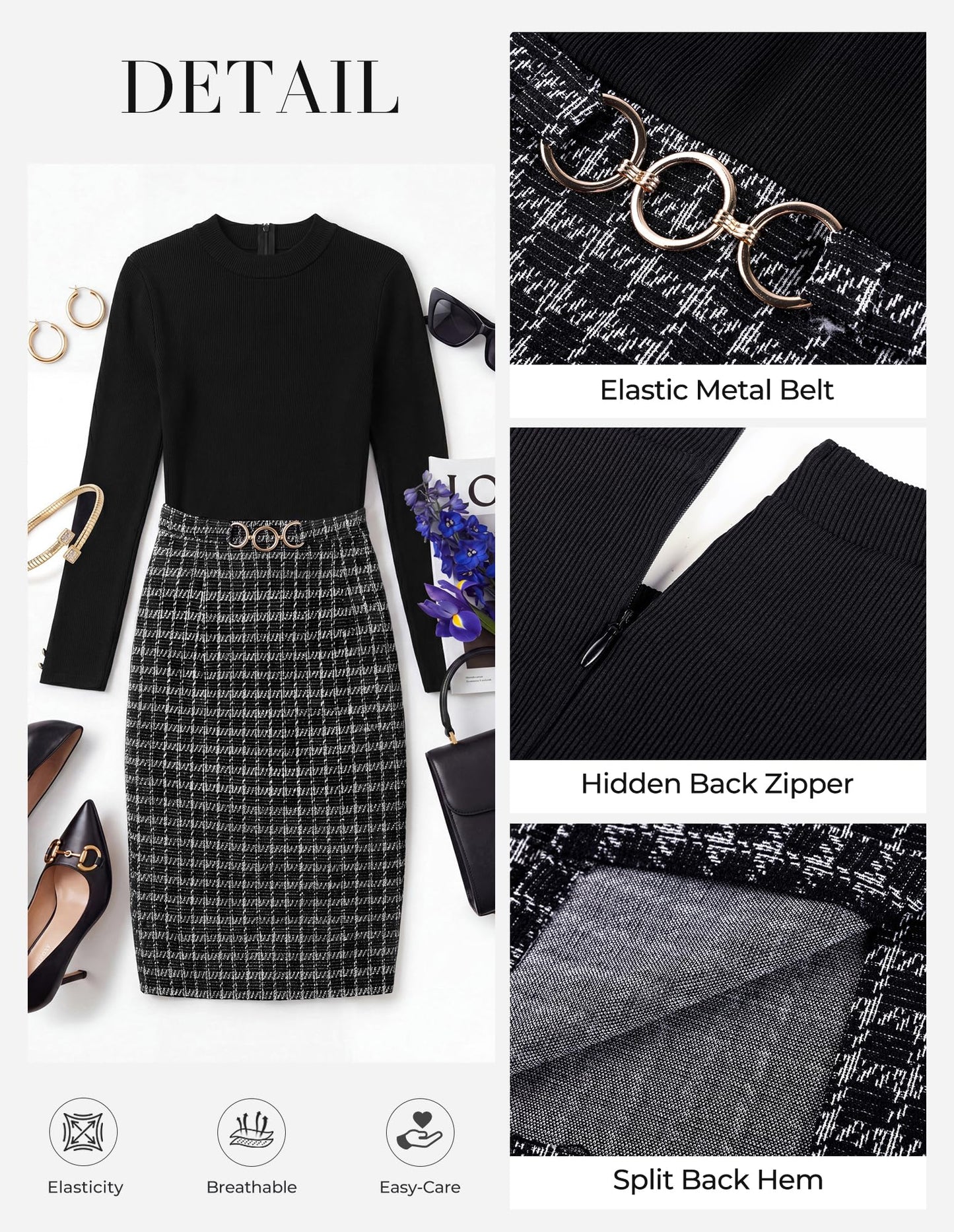 GRACE KARIN Women Long Sleeve Work Business Pencil Tweed Dress