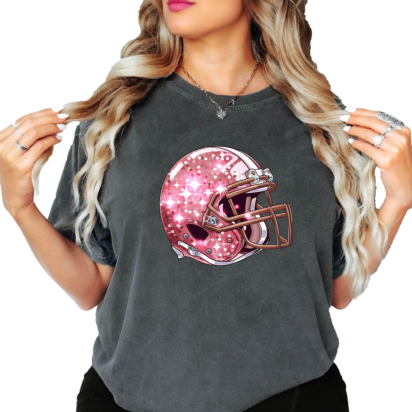 Pink Football Helmet Faux Glitter Shirt for Women and Teens Girly Football Fan Oversized Tee